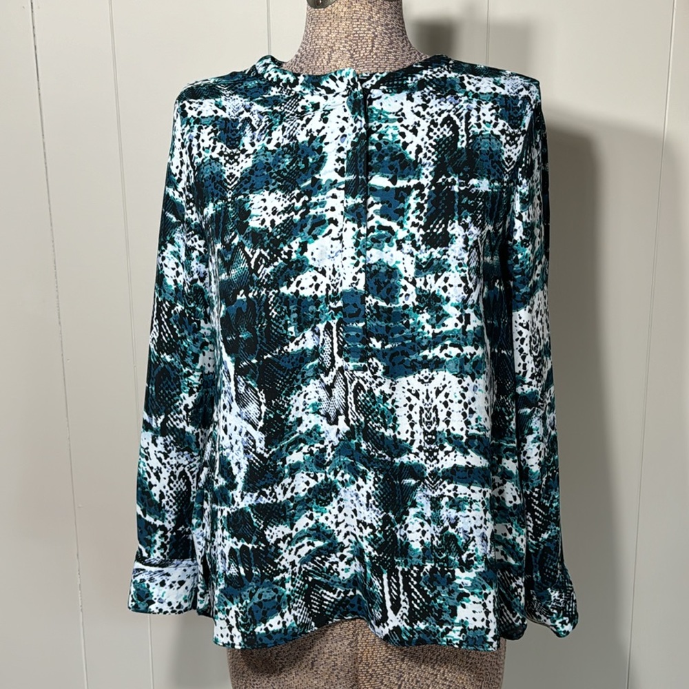 Apt. 9 Womens Petite Large PL Green Black White Sheer Blouse 1/2 Button